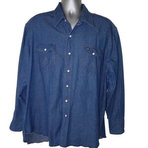 Vintage Wrangler‎ Denim Pearl Snap Mens XXL Brush Popper shirt Western Cowboy